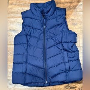 Lands End Women’s Down Puffer Vest Size L Navy Blue Nylon Insulated Button Up